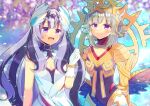  2girls :d bare_shoulders black_bodysuit black_hair black_wings blurry blurry_background bodysuit closed_mouth collarbone commentary_request commission depth_of_field dress feathered_wings fire_emblem fire_emblem_engage fire_emblem_heroes grey_hair hand_up kou_hiyoyo long_hair low_wings multicolored_hair multiple_girls purple_eyes skeb_commission sleeveless sleeveless_dress smile two-tone_hair veronica_(fire_emblem) very_long_hair veyle_(fire_emblem) white_dress wings 
