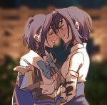  2girls blue_eyes blue_hair blurry blush bow breasts brmameng closed_eyes hair_intakes hololive hololive_english looking_at_another multiple_girls ouro_kronii selfcest short_hair smile virtual_youtuber yuri 