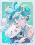  1girl black_sleeves blue_bow blue_eyes blue_hair bow cinnamiku cinnamoroll collared_shirt cosplay detached_sleeves double_bun ear_bow green_necktie grey_shirt hair_bow hair_bun hair_rings hatsune_miku hatsune_miku_(cosplay) headset heart_blush_stickers highres hisui_ramune necktie sanrio shirt sleeveless sleeveless_shirt smile solo tied_ears updo vocaloid 