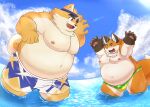  2023 anthro belly big_belly bottomwear bulge canid canine canis clothing cloud detailed_background domestic_dog duo fox hi_res humanoid_hands iyo_(tamacolle) kemono male mammal moobs musashi_(tamacolle) navel nipples orange_body outside overweight overweight_male shorts swimwear tamacolle water yamacon0105 