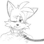  2022 anthro bust_portrait canid canine chest_tuft collar enlisentity fox fur half-closed_eyes hi_res inner_ear_fluff leash male mammal miles_prower monochrome narrowed_eyes one_eye_closed portrait sega simple_background smile solo sonic_the_hedgehog_(series) tongue tongue_out tuft 