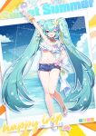  1girl apple_caramel aqua_eyes aqua_hair arm_up armpits bare_legs bare_shoulders bikini blue_bikini blue_shorts breasts choker cutoffs denim denim_shorts flower frilled_bikini frills hair_flower hair_ornament halterneck hand_on_hip hatsune_miku highleg highres long_hair looking_at_viewer medium_breasts midriff navel one_eye_closed open_fly open_mouth sandals short_shorts shorts smile solo stomach swimsuit thighs twintails very_long_hair vocaloid white_choker 