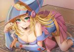  1girl all_fours bare_shoulders blonde_hair blue_footwear blue_headwear blush blush_stickers boots breasts choker cleavage dark_magician_girl duel_monster green_eyes hair_between_eyes hat highres keychain large_breasts long_hair looking_at_viewer misakura_aoi pentacle pentagram smile solo wizard_hat yu-gi-oh! yu-gi-oh!_duel_monsters 