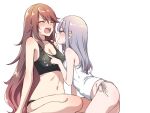  2girls bare_legs black_panties blush brown_hair grey_eyes grey_hair height_difference highres long_hair looking_at_another multiple_girls naughty_face open_mouth original panties pointing_at_breasts smile tottoto_tomekichi underwear very_long_hair white_background white_panties white_undershirt yuri 