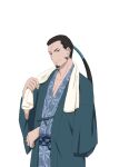  1boy black_hair blue_eyes english_commentary facial_hair goatee holding holding_towel mature_male official_art ricardo_soldato scar scar_on_face scar_on_forehead smile solo tales_of_(series) tales_of_asteria tales_of_innocence towel towel_around_neck transparent_background upper_body 