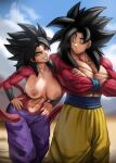  1boy 1girl abs absurdres black_hair body_fur breasts caulifla collaboration dark_nipples dragon_ball dragon_ball_gt dragon_ball_super elite_nappa grin highres large_breasts monkey_boy monkey_tail muscular muscular_female muscular_male nipples novasayajingoku open_mouth pants pectorals red_eyeliner red_fur saiyan smile son_goku spiked_hair super_saiyan super_saiyan_4 tail topless wristband yellow_eyes 