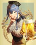  1girl 9-ga alcohol beer beer_mug blue_eyes blue_hair cup gotland_(kancolle) hair_between_eyes highres holding holding_cup kantai_collection looking_at_viewer medium_hair mole mole_under_eye mug open_mouth smile solo upper_body wheat 