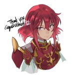  1girl armor breastplate closed_mouth commission english_commentary eyelashes fire_emblem fire_emblem:_mystery_of_the_emblem gold_trim hair_between_eyes medium_hair minerva_(fire_emblem) misokatsuhaumai red_eyes red_hair shoulder_armor solo thank_you upper_body white_background 