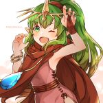  1girl ;d bracelet dress fire_emblem fire_emblem:_mystery_of_the_emblem green_eyes green_hair highres jewelry long_hair one_eye_closed open_mouth pink_dress po_pooch pointy_ears ponytail simple_background smile solo tiara tiki_(fire_emblem) tiki_(young)_(fire_emblem) twitter_username upper_body white_background 