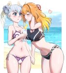  2girls artist_name ass_visible_through_thighs beach bikini blonde_hair blue_eyes blush breast_press breasts closed_eyes curly_hair dated drinking embarrassed fiora_(xenoblade) grey_hair head_wings heart highres holding_hands large_breasts leaning_forward long_hair melia_antiqua mercury_xeno multiple_girls outdoors side-tie_bikini_bottom swimsuit twitter_username water wings xenoblade_chronicles_(series) xenoblade_chronicles_1 