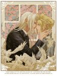  2boys adam&#039;s_apple alternate_costume animal bird black_jacket blonde_hair blue_eyes blue_shirt cherry_blossoms cloud_strife collared_shirt dove earrings feathered_wings final_fantasy final_fantasy_vii floral_background flower grey_hair hand_on_another&#039;s_cheek hand_on_another&#039;s_face highres imminent_kiss indoors jacket jewelry long_hair long_sleeves male_focus multiple_boys parted_lips pink_flower ry1115275908 sephiroth shirt short_hair smile smirk spiked_hair standing stud_earrings suit suit_jacket surprised white_bird white_flower white_hair white_shirt window wings yaoi 