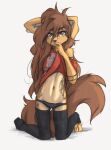  2023 absurd_res anthro apogee_(tinygaypirate) breasts canid canine canis claws clothed clothing clothing_lift digital_media_(artwork) domestic_dog feet female female_anthro floppy_ears fur hair hi_res kemono kneeling legwear long_hair looking_at_viewer mammal midriff navel off_shoulder panties paws piercing shirt shirt_lift small_breasts solo spitz t-shirt tail tattoo thigh_highs tinygaypirate toe_claws toes topwear underwear 