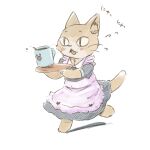  1girl animal animal_ears apron cat cat_ears cat_girl cat_tail coffee_cup cup disposable_cup dress frilled_apron frills full_body grey_dress holding holding_tray kotobuki_keisuke open_mouth original paw_print pink_apron running simple_background spill tail tray white_background 