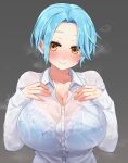  1girl artist_name blue_bra blue_hair bra bra_visible_through_clothes breast_pocket breasts collared_shirt dress_shirt festa11307070 hand_up hands_on_own_chest huge_breasts long_sleeves moira_(nijisanji) mole mole_under_mouth nijisanji pocket see-through shirt short_hair simple_background solo steaming_body underwear upper_body wet wet_clothes wet_shirt white_shirt yellow_eyes 