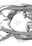  1girl braid chainsaw_man eyelashes greyscale hair_between_eyes highres inoitoh long_hair looking_at_viewer makima_(chainsaw_man) monochrome parted_lips portrait ringed_eyes sidelocks simple_background single_braid solo white_background 