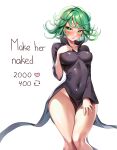  1girl absurdres alternate_breast_size black_dress blush breasts collarbone covered_navel covered_nipples dress english_text feet_out_of_frame flipped_hair green_eyes green_hair groin highres large_breasts long_sleeves machulanko medium_hair meme one-punch_man parted_lips shiny_clothes solo tatsumaki teeth twitter_strip_game_(meme) 