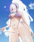  1girl annlee azur_lane bikini blue_sky breasts choker day from_below hair_over_one_eye high_ponytail highres large_breasts long_hair multicolored_hair outdoors purple_eyes purple_nails pussy pussy_peek sky solo streaked_hair swimsuit untied_bikini unzen_(azur_lane) very_long_hair wet white_hair 