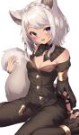  1girl absurdres animal_ears blush braid breasts cat_ears cat_tail commission detached_collar facial_mark final_fantasy final_fantasy_xiv grey_hair highres jun_(aousa0328) medium_breasts miqo&#039;te open_mouth parted_bangs purple_eyes short_hair sitting skeb_commission solo strapless tail wariza warrior_of_light_(ff14) whisker_markings white_background 