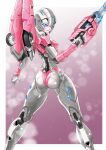  1girl absurdres arcee ass blue_eyes border breasts flame_toys flame_toys_arcee from_behind gun highres holding holding_gun holding_weapon juuta-rou lens_flare looking_back mecha open_hand outside_border robot shadow small_breasts smile transformers weapon white_border 