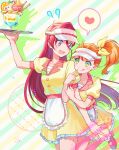  2girls alternate_costume apron arm_grab arm_up bow brown_hair finger_to_mouth floating_hair frilled_skirt frills green_eyes hair_between_eyes hair_bow high_side_ponytail highres holding holding_plate leg_up long_hair miniskirt multiple_girls natsuumi_manatsu plate precure purple_eyes red_hair shirt short_sleeves skirt socks standing takizawa_asuka tropical-rouge!_precure very_long_hair visor_cap waist_apron white_apron white_socks yellow_bow yellow_shirt yellow_skirt yuzu_sato 