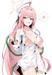  1girl :d absurdres ahoge bikini blue_archive blush braid breasts green_eyes halo hanako_(blue_archive) hanako_(swimsuit)_(blue_archive) heart highres holding holding_hose hose large_breasts long_hair looking_at_viewer official_alternate_costume pink_bikini pink_hair plentyofempty shirt single_braid smile solo spoken_heart swimsuit very_long_hair wet wet_clothes wet_shirt white_shirt 