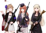  3girls armband ascot bag battle_rifle belt black_dress black_jacket black_thighhighs blonde_hair blue_armband blue_bow blue_eyes blue_gloves blue_headwear bow brown_hair closed_mouth collarbone collared_shirt cowboy_shot cowlick cross cross_necklace dress dress_shirt epaulettes fal_(girls&#039;_frontline) fingerless_gloves fn_fal g3_(girls&#039;_frontline) german_flag girls&#039;_frontline gloves green_eyes gun h&amp;k_g3 hair_between_eyes hair_bow hat highres holding holding_gun holding_weapon jacket jewelry leather_belt long_hair military_hat military_jacket multiple_girls necklace one_eye_closed open_mouth orange_hair purple_eyes rampart1028 red_bag rifle shirt shoulder_bag side_ponytail sidelocks sig-510_(girls&#039;_frontline) sig_sg510 simple_background smile standing sweatdrop thigh_pouch thighhighs very_long_hair weapon white_ascot white_background white_dress white_shirt 