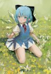  1girl absurdres arm_support bare_legs black_bow blue_dress blue_eyes blue_hair blush bow cirno dandelion day dress flat_chest flower from_above full_body grass hair_bow highres ice ice_wings kneeling looking_to_the_side looking_up neck_ribbon outdoors petite pinafore_dress pointy_ears puffy_short_sleeves puffy_sleeves red_ribbon reddizen ribbon short_hair short_sleeves sleeveless sleeveless_dress solo touhou wing_collar wings yellow_flower 