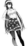  1girl bare_shoulders black_hair breasts collarbone floral_print hair_between_eyes haitekudasai_takamine-san hand_on_hip hat hiiragi_yuuichi large_breasts long_hair off-shoulder_sweater off_shoulder pom_pom_(clothes) ribbed_shirt rose_print santa_hat shirt skirt solo sweater takamine_takane thighhighs zettai_ryouiki 