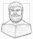  1boy bara beard check_copyright chest_hair copyright_request cropped_torso facial_hair greyscale growlygruntz hairy highres large_pectorals looking_at_viewer male_focus monochrome muscular muscular_male mustache nude original pectorals short_hair sketch solo thick_eyebrows 