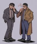  2boys black_footwear black_hair blazer brown_coat character_request cigarette closed_mouth coat collared_shirt commentary_request endou_yuuji full_body grey_background grey_jacket grey_necktie grey_pants highres holding holding_cigarette inudori jacket kaiji male_focus multiple_boys necktie open_clothes open_coat open_jacket open_mouth pants shirt shoes short_bangs short_hair simple_background smoking suit sunglasses very_short_hair white_shirt 