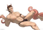  1boy abs absurdres bara black_male_underwear briefs bulge demon_boy demon_horns feet_out_of_frame highres horns large_pectorals licking_lips male_focus male_underwear muscular muscular_male navel nipples pectorals pointy_ears red_eyes sanpaku seductive_smile short_hair sideburns sitting smile solo stomach tentacles tentacles_on_male thick_eyebrows tongue tongue_out underwear xian_goutou_hz 