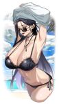  1girl absurdres armpits arms_up beach bikini black_bikini black_choker blush breasts choker cleavage collarbone highres huge_breasts invincible_dragon_(last_origin) lace-trimmed_bikini lace_trim last_origin looking_at_viewer navel official_alternate_costume rhlatm side-tie_bikini_bottom solo straight_hair sunglasses swimsuit undressing 