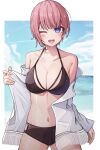  1girl absurdres bare_shoulders bikini black_bikini blue_eyes blush border breasts cleavage collarbone cowboy_shot gakkunning go-toubun_no_hanayome highres jacket jacket_pull large_breasts looking_at_viewer nakano_ichika navel ocean off_shoulder one_eye_closed open_mouth outside_border pink_hair pulled_by_self short_hair sky solo standing swimsuit white_border white_jacket 