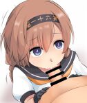  1boy 1girl black_gloves blue_eyes braid clothed_female_nude_male cum cum_in_mouth fellatio gloves hachimaki headband kantai_collection light_brown_hair nude okitarou_(okiyo) oral penis teruzuki_(kancolle) twin_braids 