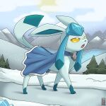  1:1 absurd_res ambiguous_gender aztepyeen blue_body blue_clothing blue_ears blue_fur blue_tail cape clothing eeveelution feral fur fur_markings generation_4_pokemon glaceon grey_clothing hi_res ice leg_markings markings mountain multicolored_body multicolored_ears multicolored_fur neckwear nintendo open_mouth paws plant pokemon pokemon_(species) quadruped signature snow socks_(marking) solo tail tail_markings tree two_tone_body two_tone_ears two_tone_fur two_tone_tail white_clothing white_eyes yellow_sclera 