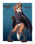  2023 anthro armor belt bottomless brown_body brown_fur butt canid canine cape clothed clothing confusion dialogue digital_media_(artwork) digitigrade dungeons_of_aether female fleet_(dungeons_of_aether) footwear fox fur genitals green_eyes head_tuft hi_res iniquity insult mammal offscreen_character partially_clothed pussy question_mark rivals_of_aether solo tail text toeless_footwear tuft 