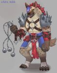  4_fingers 4_toes abs adra_(artist) anthro areola arm_tuft armband armor belt biceps big_claws big_muscles biped black_nose bodily_fluids body_hair bottomwear bracelet brown_body brown_face brown_fur brown_hands brown_legs chest_tuft claws clothed clothed_anthro clothed_male clothing collar countershade_fur countershade_legs countershade_torso countershading digitigrade dripping drooling elbow_tuft fangs feet finger_claws fingers frown fur gnoll green_background grey_body hair hi_res holding_melee_weapon holding_object holding_weapon humanoid hyena jewelry loincloth loincloth_only long_claws looking_aside male mammal mane melee_weapon mohawk muscular muscular_anthro muscular_male notched_ear pauldron pecs red_bottomwear red_clothing red_hair red_loincloth rope saliva sharp_claws sharp_teeth simple_background solo spiked_collar spiked_pauldron spikes spots spotted_body spotted_fur spotted_hyena standing tan_body tan_fur teeth toe_claws toes tongue topless topless_anthro topless_male tuft underbite waist_accessory weapon white_background 
