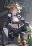  1girl aciddrop_(arknights) ahoge animal_ears arknights beer_bottle bird_ears black_choker black_footwear black_jacket black_pants blue_eyes boombox boots bottle breasts brown_hair choker cleavage closed_mouth collarbone corona_(brand) glass_bottle goggles goggles_on_head hand_on_own_face highres holding holding_bottle jacket large_breasts midriff navel open_clothes open_jacket pants smile solo squatting wuzhihuijia 