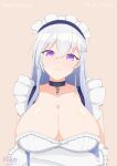  1girl 2022 absurdres arms_under_breasts artist_name azur_lane belfast_(azur_lane) breasts broken broken_chain chain character_name choker cleavage frilled_gloves frills gloves hair_between_eyes highres huge_breasts khaos_(kamimaetokito) long_hair looking_at_viewer maid_headdress purple_eyes shiny_skin simple_background solo upper_body white_gloves 