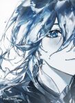  1boy artist_name blue_theme blush commentary eyelashes genshin_impact hair_between_eyes kaveh_(genshin_impact) liquid_hair looking_at_viewer male_focus monochrome portrait simple_background solo symbol-only_commentary water yuelight 