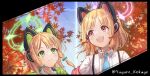  2girls :d animal_ear_headphones animal_ears autumn blonde_hair blue_archive blue_sky bow cat_ear_headphones closed_mouth cloud day fake_animal_ears green_bow green_eyes green_halo hair_bow halo headphones highres kokage_yugure midori_(blue_archive) momoi_(blue_archive) multiple_girls open_mouth outdoors pink_halo red_bow red_eyes short_hair siblings sisters sky smile twins twitter_username upper_body 