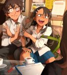  1boy 1girl absurdres angry black_hair blood blue_skirt bracelet broken_eyewear brown_hair bruise bruised_eye clipboard closed_mouth glasses hachiouji_naoto highres ijiranaide_nagatoro-san injury jewelry khyle. long_hair nagatoro_hayase open_mouth pregnancy_test school_uniform shirt skirt spanish_text speedy_gonzales table wavy_mouth white_shirt 