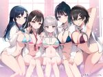  5girls :q aoharu_x_fetishism aqua_bra aqua_eyes aqua_panties arm_behind_head arm_up armpits between_breasts black_hair black_nails blue_bra blue_eyes blue_hair blue_nails blue_panties blunt_bangs blush bow bow_bra bow_panties bowtie bra breasts brown_eyes brown_hair collared_shirt copyright_name couch crescent crescent_hair_ornament cube_hair_ornament dark_blue_hair ear_piercing expressionless fingernails grey_hair grin hair_between_eyes hair_bow hair_ornament hairclip half_updo hand_on_another&#039;s_shoulder hand_on_another&#039;s_thigh hand_on_own_chest hand_on_own_thigh head_tilt high_ponytail highres indoors kat_(bu-kunn) kneeling knees_together_feet_apart large_breasts long_hair long_sleeves looking_at_viewer mole mole_on_breast multicolored_nails multiple_girls navel neck_ribbon necktie on_couch open_clothes open_shirt panties petite piercing pink_bra pink_panties purple_bra purple_eyes purple_panties ribbon school_uniform shirt short_hair sidelocks sitting smile strap_gap sweat thong tongue tongue_out twintails underwear v very_long_hair white_shirt 