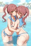  2girls absurdres arched_back ass beach bikini blue_ribbon blue_sailor_collar blue_sky blurry blurry_background blush breast_press breasts closed_mouth cloud day hair_between_eyes hair_ribbon highres hug idolmaster idolmaster_shiny_colors leaning_forward long_hair looking_at_viewer medium_breasts multiple_girls navel osaki_amana osaki_tenka outdoors palm_tree parted_lips pout raised_eyebrows ribbon sailor_bikini sailor_collar sailor_swimsuit_(idolmaster) see-through siblings side_ponytail sisters sky swimsuit tearing_up thighs tree v-shaped_eyebrows wading wanimaru water wet wet_hair white_bikini white_ribbon yellow_eyes 