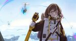  1girl arknights bird blurry blurry_background blush brown_hair brown_sleeves coat commentary drone earrings highres jewelry ki26 magallan_(arknights) medium_hair multicolored_hair open_mouth penguin respirator single_earring sky solo sparkle streaked_hair symbol-only_commentary teeth theodolite upper_body upper_teeth_only white_coat white_hair yellow_eyes 