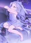  1girl bare_shoulders barefoot blue_archive commentary demon_horns demon_wings dress flat_chest full_body hair_ornament hairclip halo highres hina_(blue_archive) horns lantern long_hair low_wings nemo_(leafnight) purple_eyes sitting sketch sleeveless sleeveless_dress solo symbol-only_commentary very_long_hair white_hair wings 