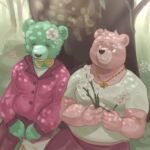  2023 achuchones_(unicorn_wars) anthro bear bottomwear bow_tie clothing dolcibaldo duo flower gordi_(unicorn_wars) green_body hi_res male mammal outside overweight overweight_male pants pink_body plant shirt sitting topwear tree unicorn_wars 