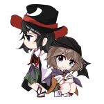  2others androgynous bandana bare_shoulders black_bandana black_coat black_eyes black_headwear blue_eyes blush_stickers bow bow_legwear bowtie brown_hair chibi closed_mouth coat collared_shirt crossed_arms detached_sleeves enraku_tsubakura eye_of_senri eye_on_hat fensedekaoji geta green_shorts green_skirt hakama hakama_short_skirt hakama_skirt hat jacket japanese_clothes kuzu_suzumi len&#039;en long_sleeves looking_at_viewer looking_to_the_side multiple_others orange_jacket purple_scarf red_bow red_bowtie red_footwear ribbon-trimmed_shorts ribbon-trimmed_socks ribbon_trim scarf shirt short_hair shorts skirt sleeveless_coat smile socks squatting standing standing_on_one_leg tabi top_hat white_background white_shirt white_sleeves white_socks wide_sleeves 