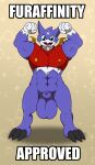  abs absurd_res animal_genitalia anthro balls bandai_namco biceps blue_eyes bottomless claws clothed clothing digimon digimon_(species) english_text genitals gumdramon hi_res humor male muscular muscular_anthro muscular_male pecs purple_body sheath solo text vorechestra 
