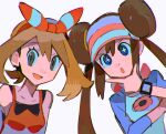  2girls bare_shoulders blue_eyes bow brown_hair double_bun grey_eyes hair_bow hair_bun hinann_bot long_sleeves looking_at_viewer may_(pokemon) multiple_girls open_mouth pokemon pokemon_(game) pokemon_bw2 pokemon_masters_ex pokemon_oras red_bow red_shirt rosa_(pokemon) shirt sleeveless sleeveless_shirt star-shaped_pupils star_(symbol) symbol-shaped_pupils thinking twintails upper_body visor_cap white_background 